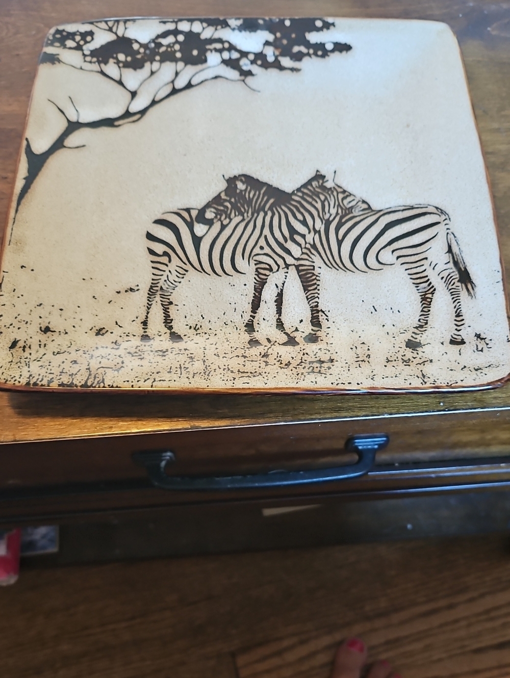 Zebra Scene Decorative Ceramic Plate - Black and Cream